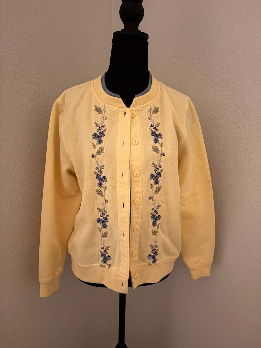 Vintage Petite Shenanigans Yellow Floral Embroidered Button-Up Sweater